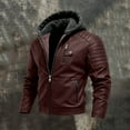 thumbnail image 4 of Men's Casual Solid-Colored Leather Jacket, Full-Zip Hooded Biker Jacket, Wine Red, M, 4 of 6