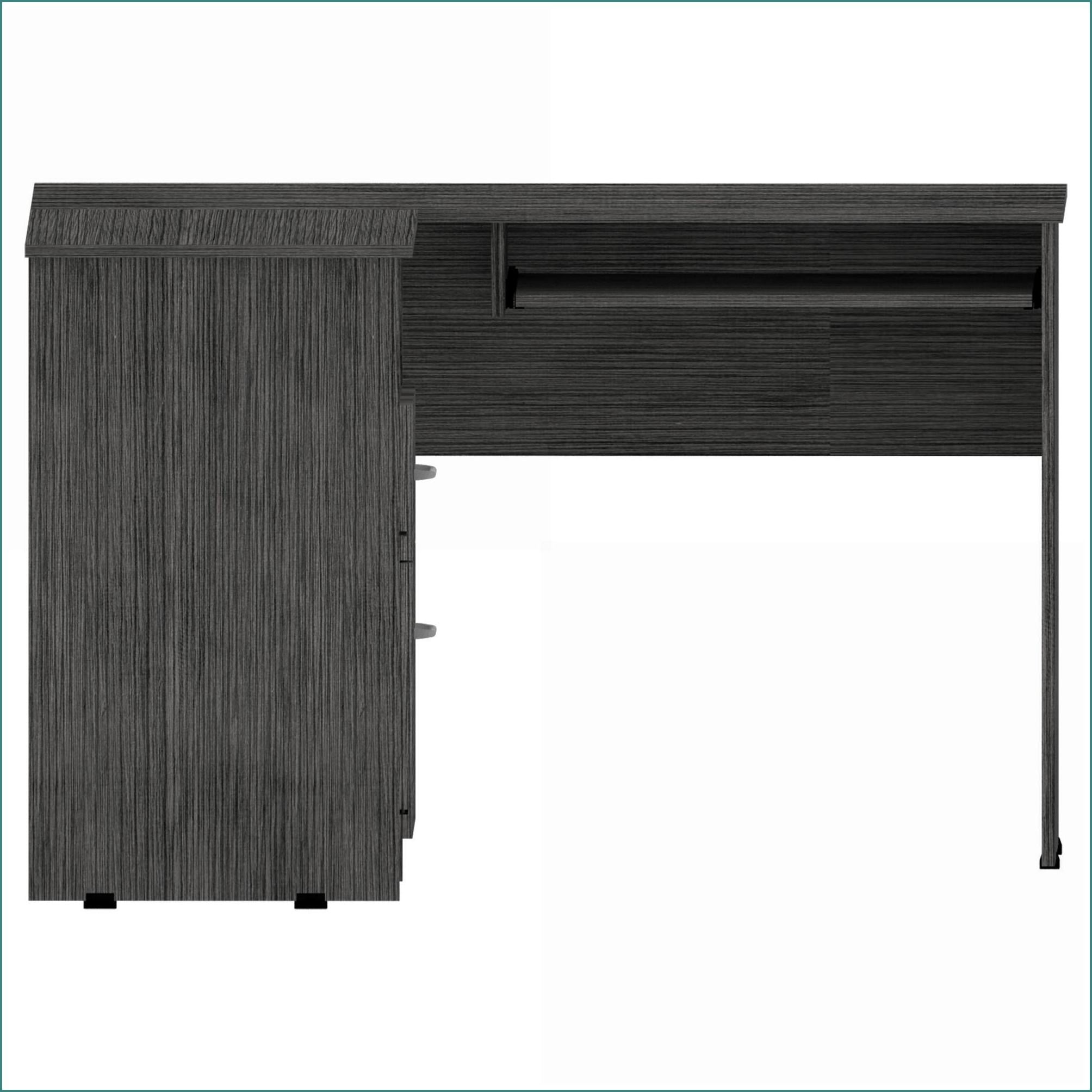 Desks L-Shaped with Keyboard Tray, Two Drawers, Open Shelf - Smokey Oak | Gray | Particle Board