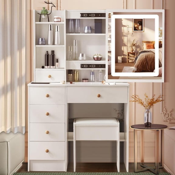 Dapmiu Sliding Mirror Vanity Desk with 6 Drawers, Easy Assembly Dressing Table with Hidden Storage and Open Shelves – Sturdy Plate-Type Build