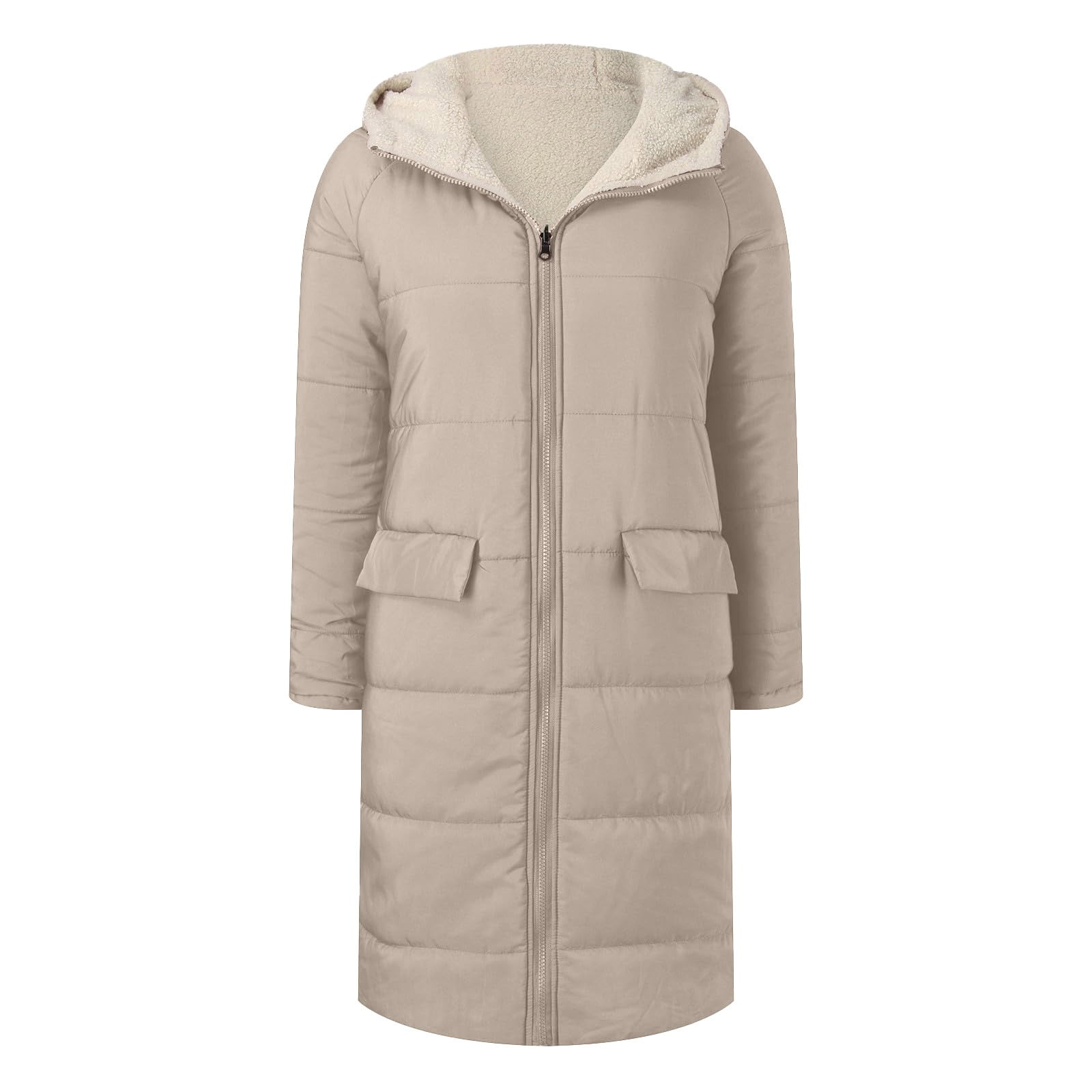 Fleece Jacket Women Long Puffer Coat Women Oversized Reversible Jackets Shearling Hooded Winter Fashion Coat Clothes Khaki XXL
