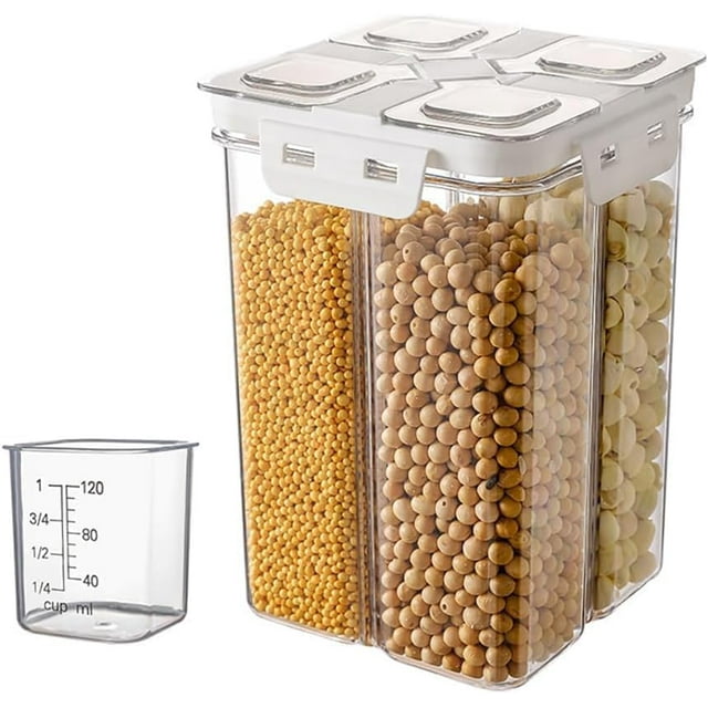 Recipientes Herméticos con Tapas para Almacenar con 4 Compartimentos, Contenedores de Plástico Transparente para Cereal, Especias, Secos, con taza medidora
