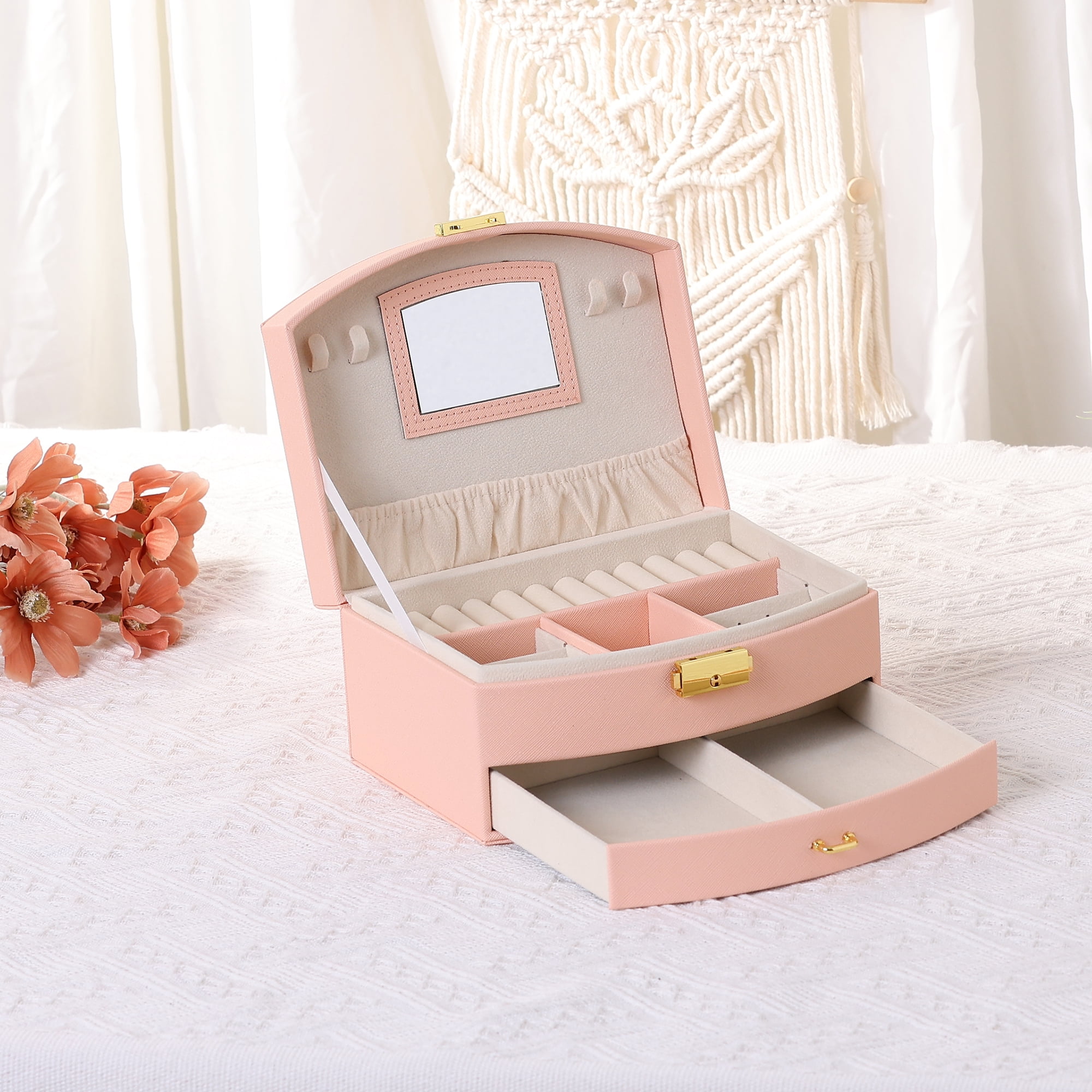 Unique Bargains 2 Layer Jewelry Box with Mirror PU Leather Removable Jewelry Tray Orange