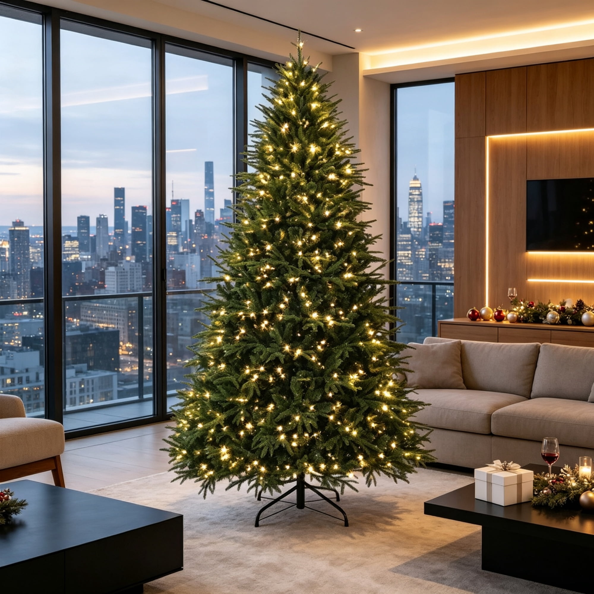 Pre-Lit Artificial Christmas Tree, 7.5 ft, 3719 Branch Tips, 1000 Warm White LED Lights, Hinged Sections, Metal Base