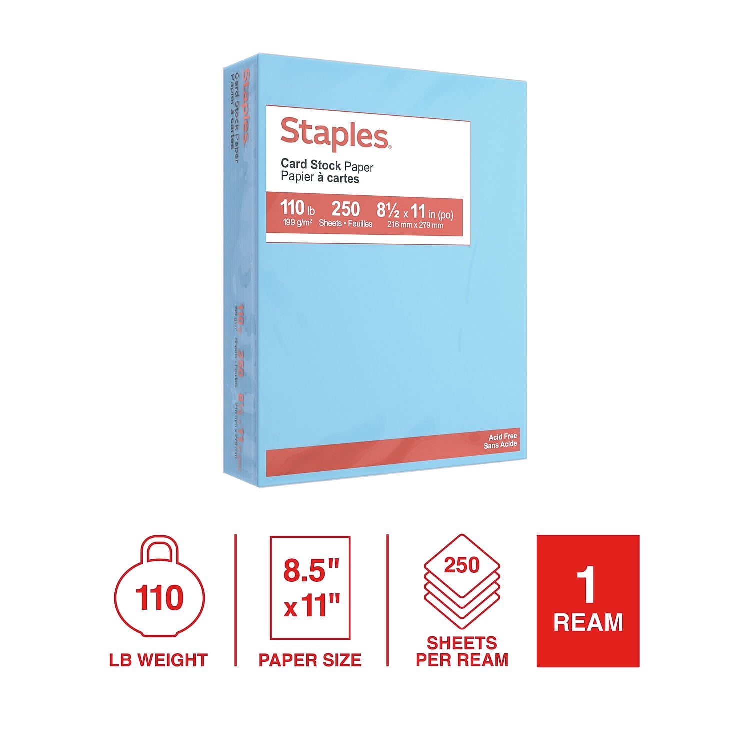 Staples Cardstock Paper 110 lbs 8.5" x 11" Blue 250/Pack (49702)