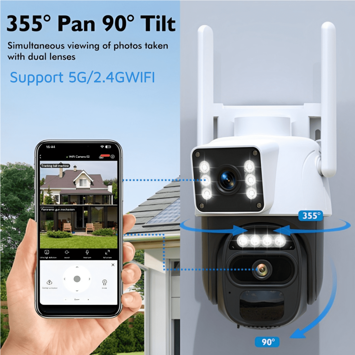 Hawkray Solar Security Camera - 360° Dual Lens,5G/2.4G WIFI,Spotlight/siren Alarm,3mp Color Night Vision,3mp Color Night Vision,IP66 waterproof,8000mAh