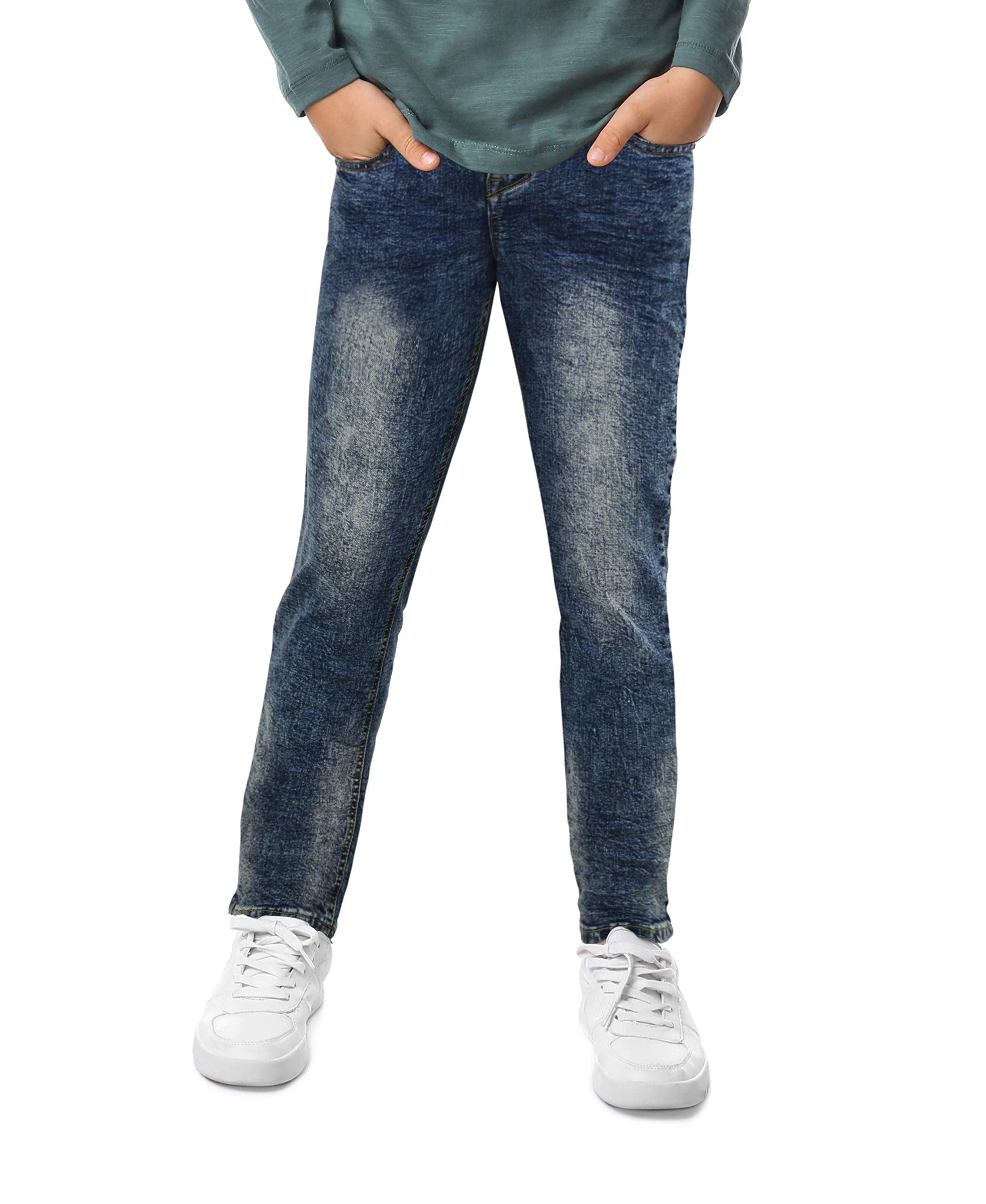 Boys Skinny Fit Ripped Distressed Elastic Waist Zipper Jeans with Holes for Kids