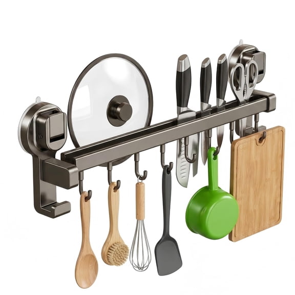 Generic Vacuum Suction Kitchen Rail Organizer with 8 Moveable Hooks, Gray