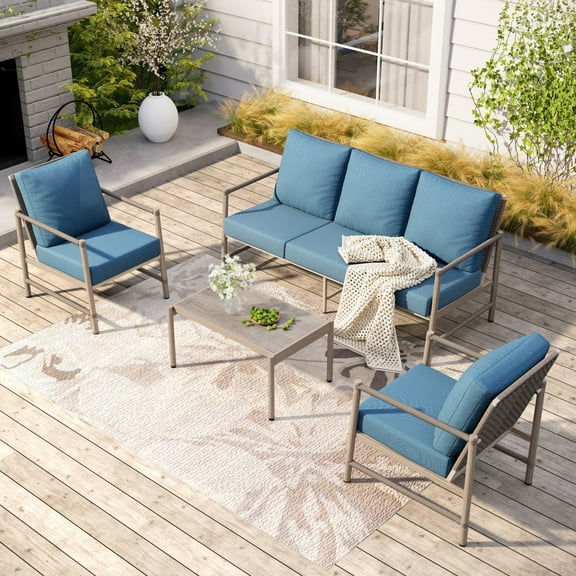 MF Studio 5-Seat Outdoor Patio Furniture Set with Wicker High Back Sofa, Wood-Grain Outdoor Conversation Set  for 5, Blue