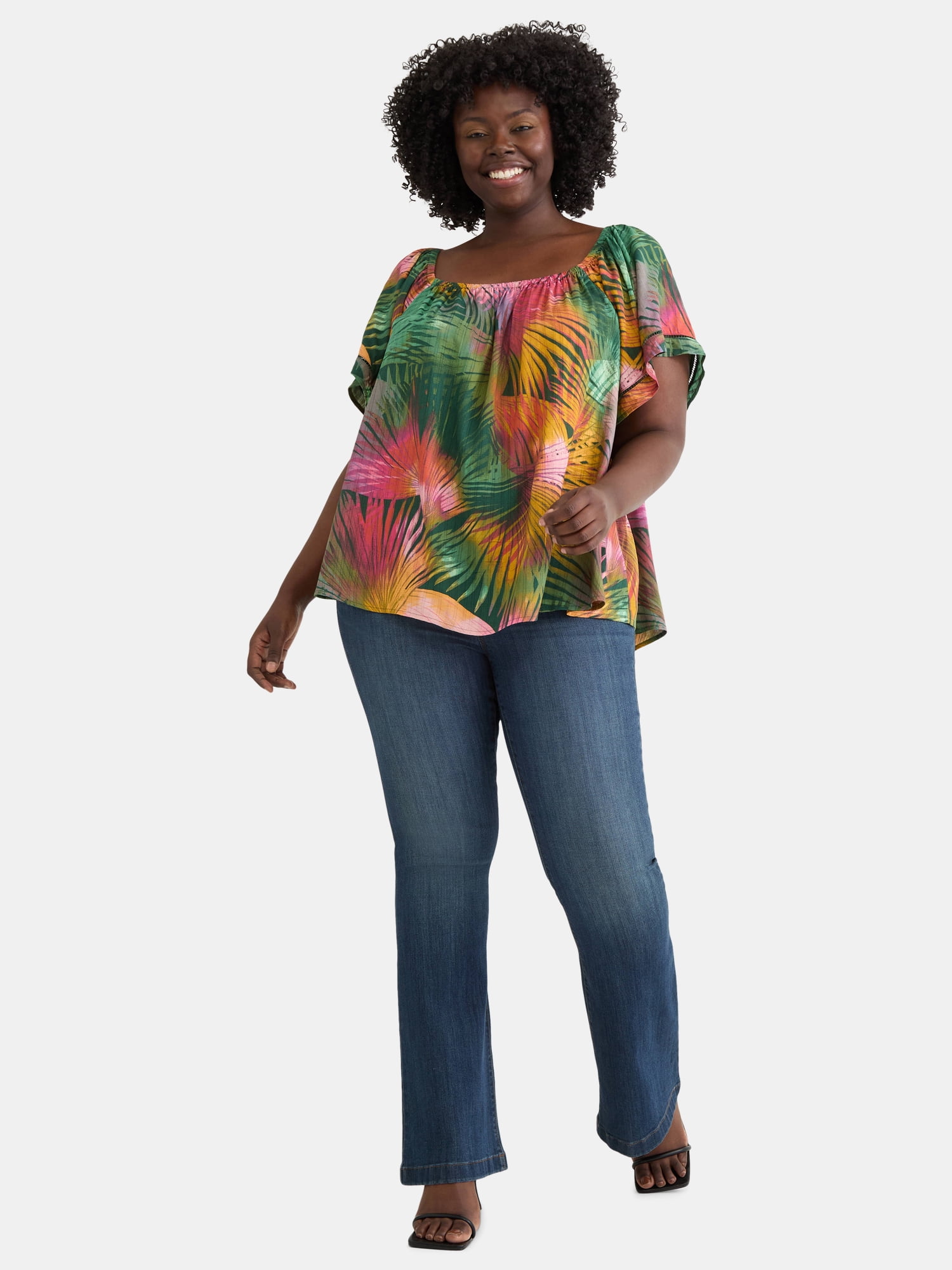 Terra & Sky Women's Plus Convertible Blouse with Short Sleeves, Sizes 0X-5X