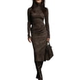 thumbnail image 2 of Women's Pleated Velvet Super Long Dress Long Sleeve High Neck Tight Long Dress Fashion Solid Color for Winter Elegance and Formal Events,Coffee,M, 2 of 6