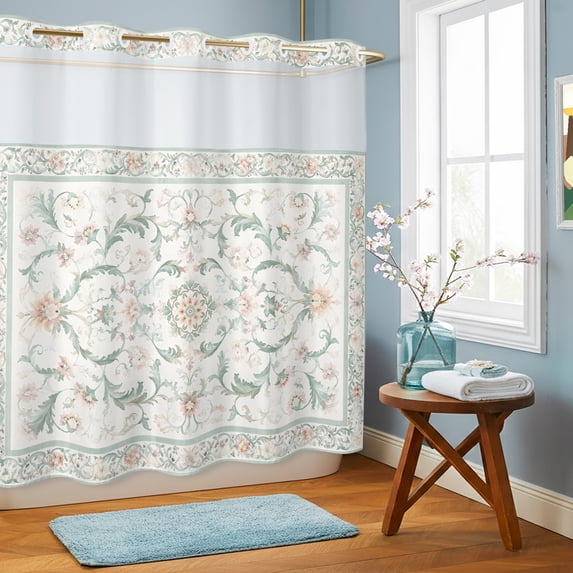 No Hook Shower Curtain, Sage Green Floral Boho Shower Curtains for Bathroom with See Through Top Window, Ethnic Tribe Abstract Art Vintage Waterproof & Washable Bath Curtain 66"x72"