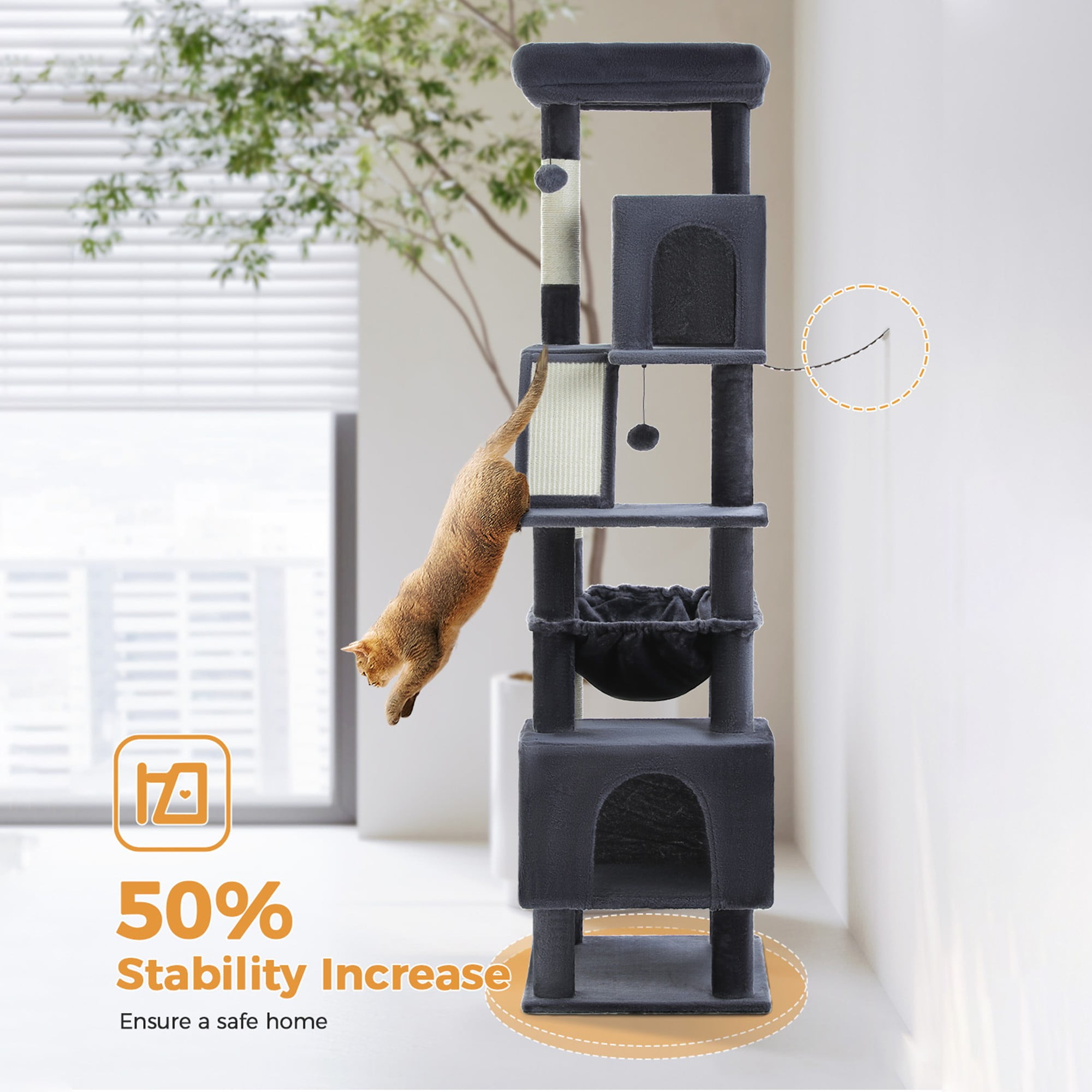 Kadyn 71" Cat Tree Tower for Indoor Cats, Plush Multi-Level Cat Condo with Scratching Posts, Perches, Hammock, 2 Pompoms, Dark Gray