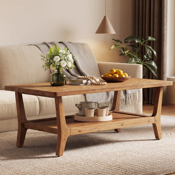 Finmind Solid Wood Coffee Table with Open Storage Shelf, 47-inch Farmhouse Rectangle Center Table for Living Room, Office, Rustic Brown
