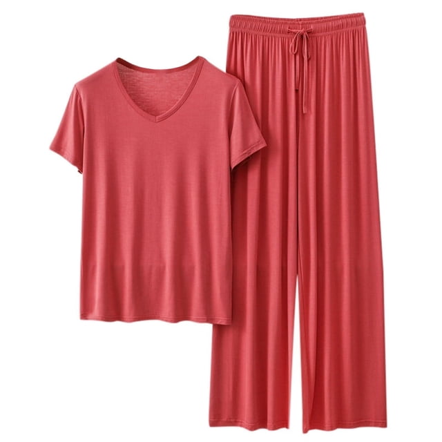 Hontri Ensembles de Pyjama à Manches Longues pour Femmes - Vêtements de Nuit Douillets d'Automne (Grande Taille, Deux Pièces à Col Rond) Rouge m