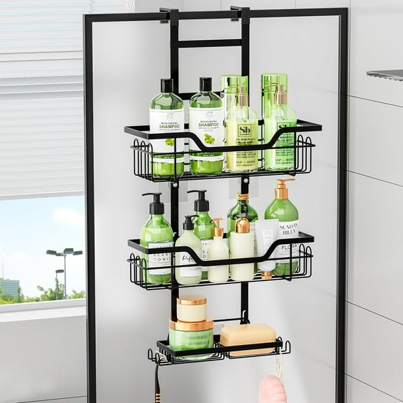 Over the Door Shower Caddy, Hanging Organizer Shelf Rustproof, Shower Basket with Suction Cup, Black