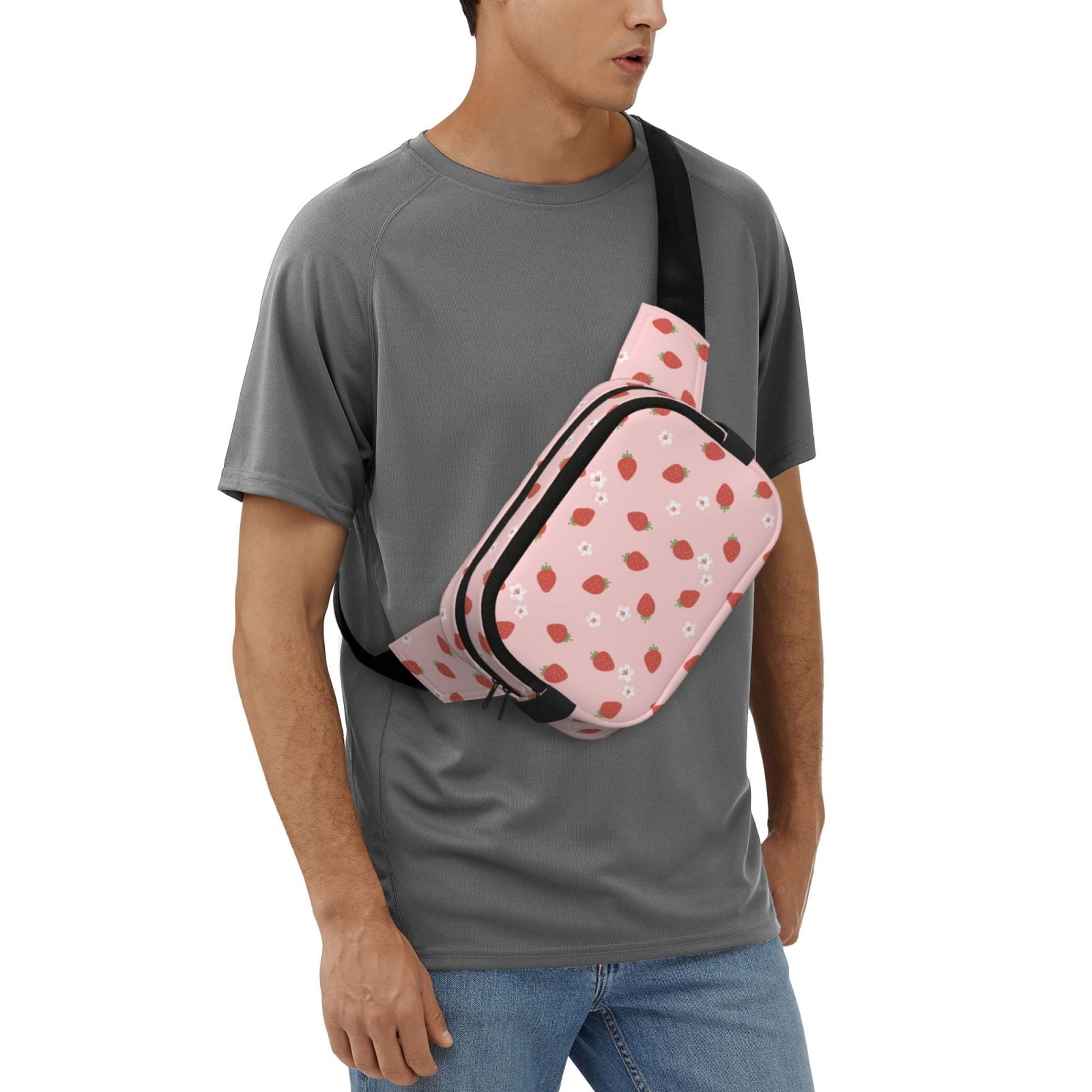 Picia Hand Drawn Strawberry Print Square Double-Layer Waist Bag Mini Adjustable Waist Belt Bag Exercise Running Travel Hiking