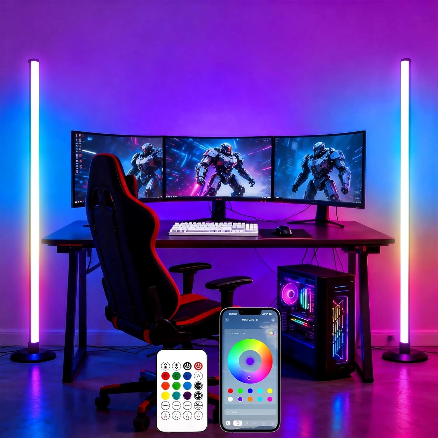 2packs ICRGB Corner Floor Lamp, Smart LED Floor Lamps with App & Remote Control, Music Sync, 16 Million Colors, Auto Timer, Modern Ambient Standing Light for Gaming Room, Living Room, Bedroom