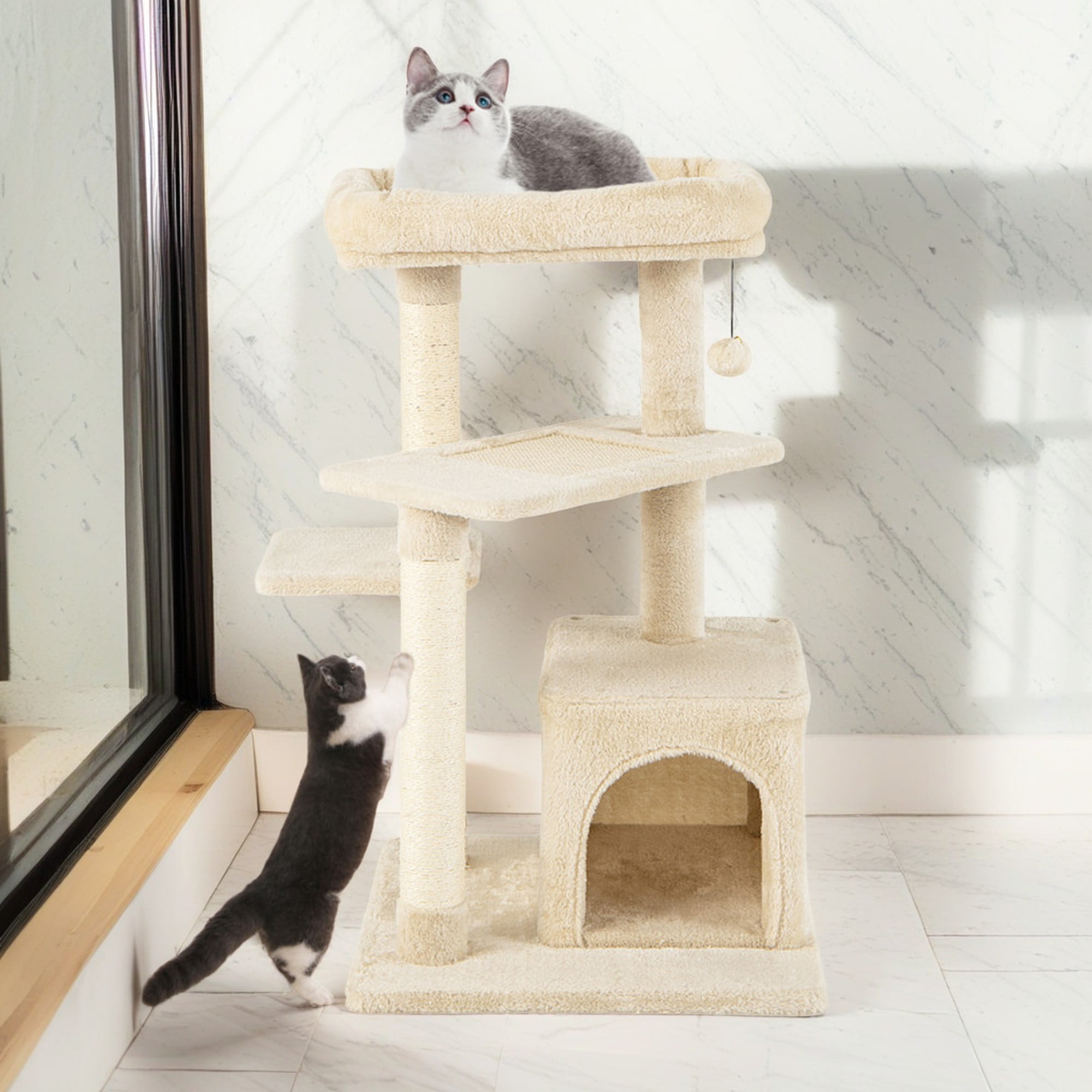 resenkos 33" Cat Tree Tower, Small Cat Condo with Sisal Scratching Post and Massage Post, Cat Tree House with Perch and Hanging Ball, Beige