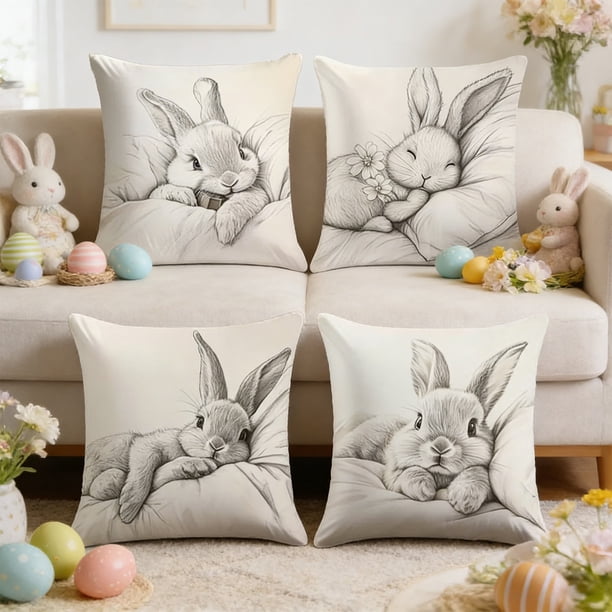 Juego de 4 fundas de cojín decorativas de Pascua con estampado de conejos y huevos para sofá, sillón o cama