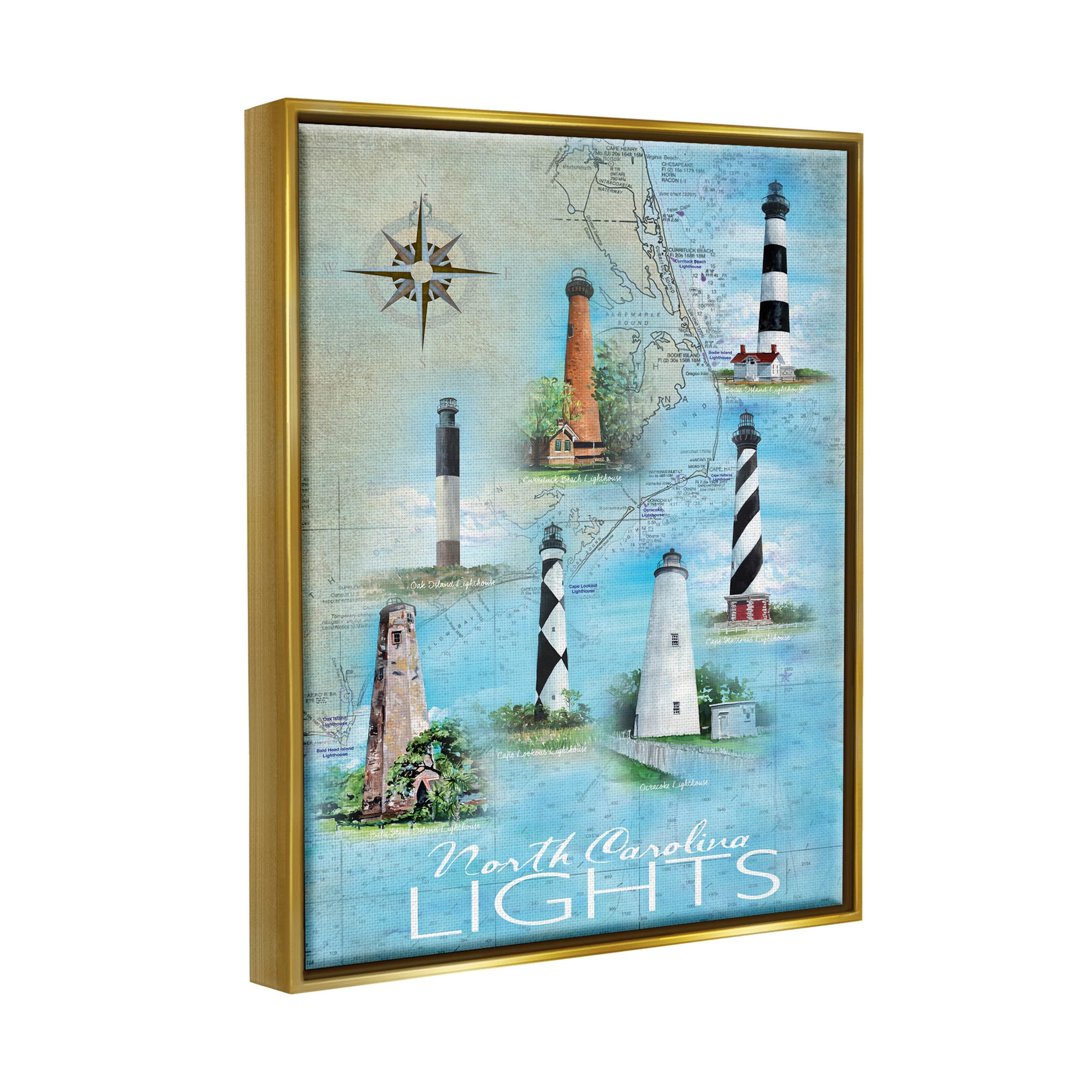 Stupell Industries North Carolina Lighthouses Map Graphic Art Metallic Gold Floating Framed Canvas Print Wall Art, Design by Erica Christopher