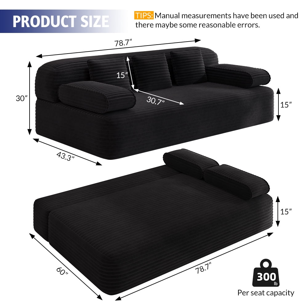 Miniyam 78.7" Sleeper Sofa Bed, Convertible Corduroy Floor Couch, No Assembly, 3 Pillows, Black
