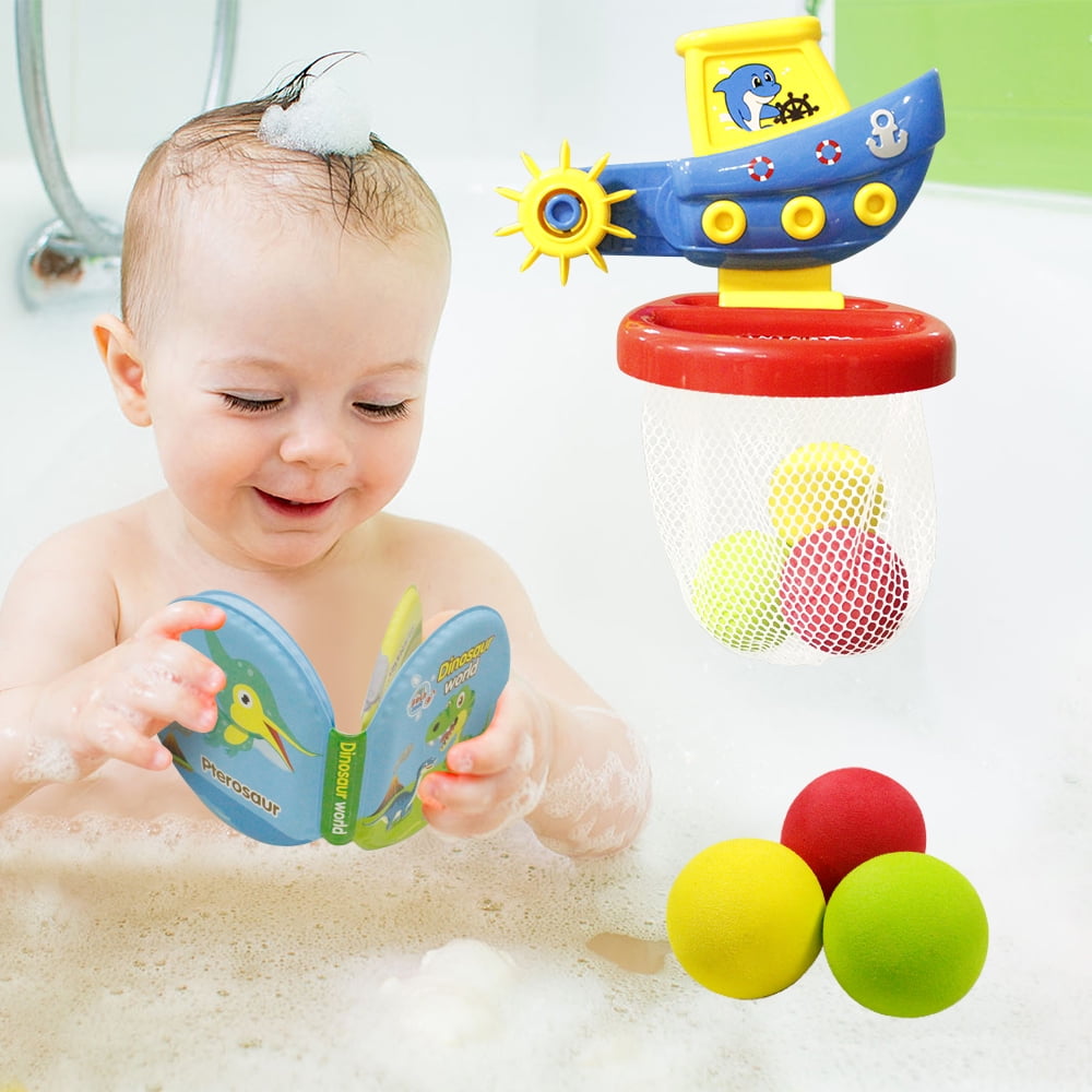 HANMUN Bath Toy Toddler Basketball Hoop Balls Playset Ship-themed Bathtub Basketball Hoop Balls Set Bathing Pool Toys Shooting Game for Bathroom Indoor + Dinosaur Book
