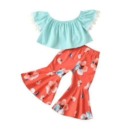 

Toddler Outfits Sets For Teens Soft Orange Flared Pants Flower Printing Kids Clothes Suit