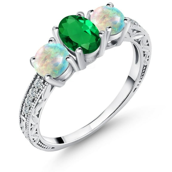 1.72 Cttw Green Simulated Emerald and White Simulated Opal Ring for Women | 925 Sterling Silver | Oval 7X5MM | Gemstone Birthstone | Wedding Engagement Anniversary Promise Ring | Size 8
