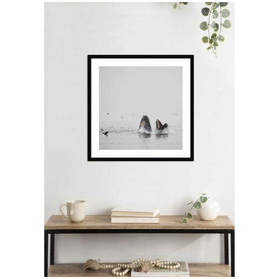 Kate and Laurel Framed Wall Art Print Humpback Whales No. 2 by Laura Evans, 25 x 25, Svelte Noir Black Frame, Coastal, Animal Art for Wall Decor