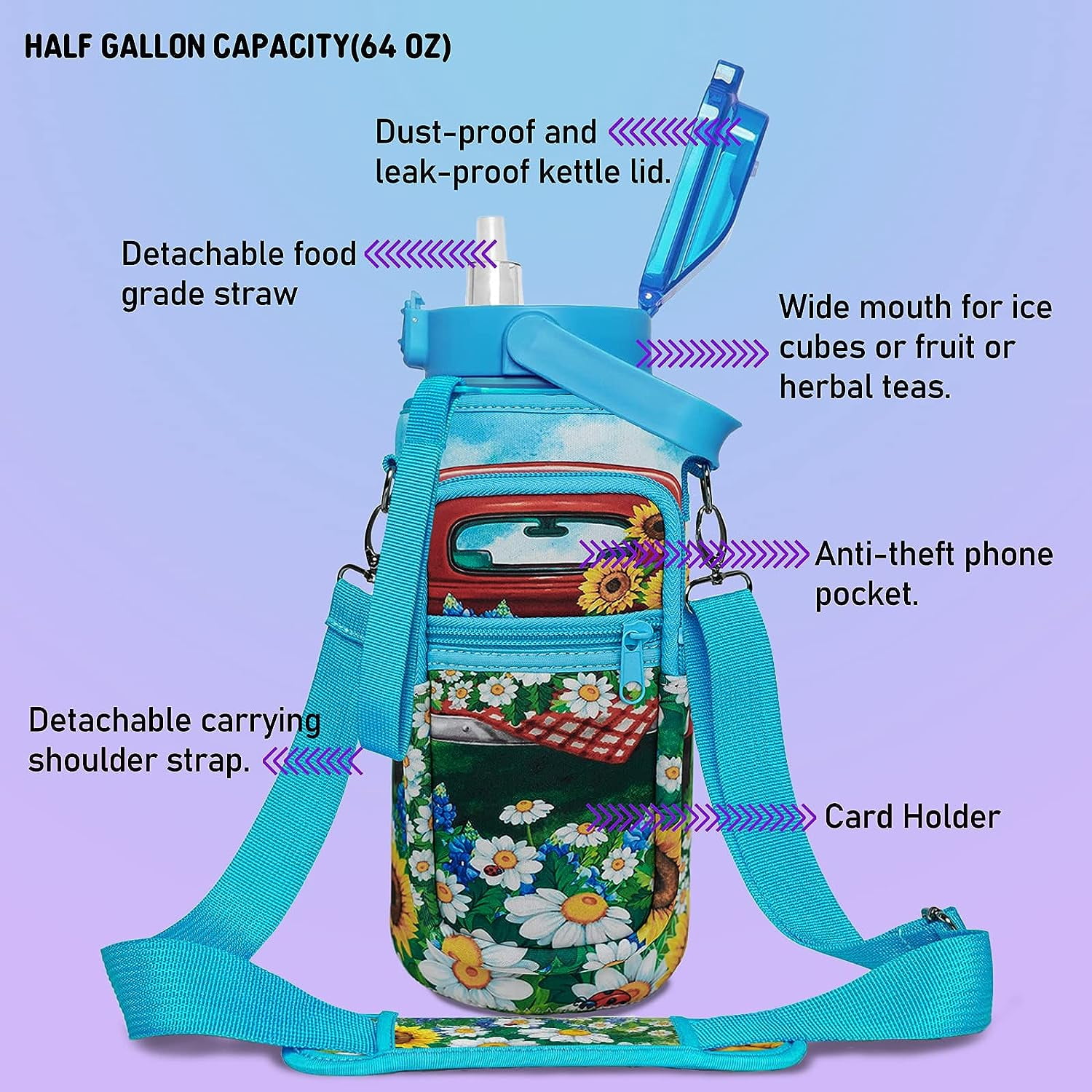 64 oz Cute Water Bottle with Sleeve BPA Free Half Gallon Water Jug with Straw and Time Marker, Motivational Gym Workout Pregnancy Water Bottles Gifts for Women
