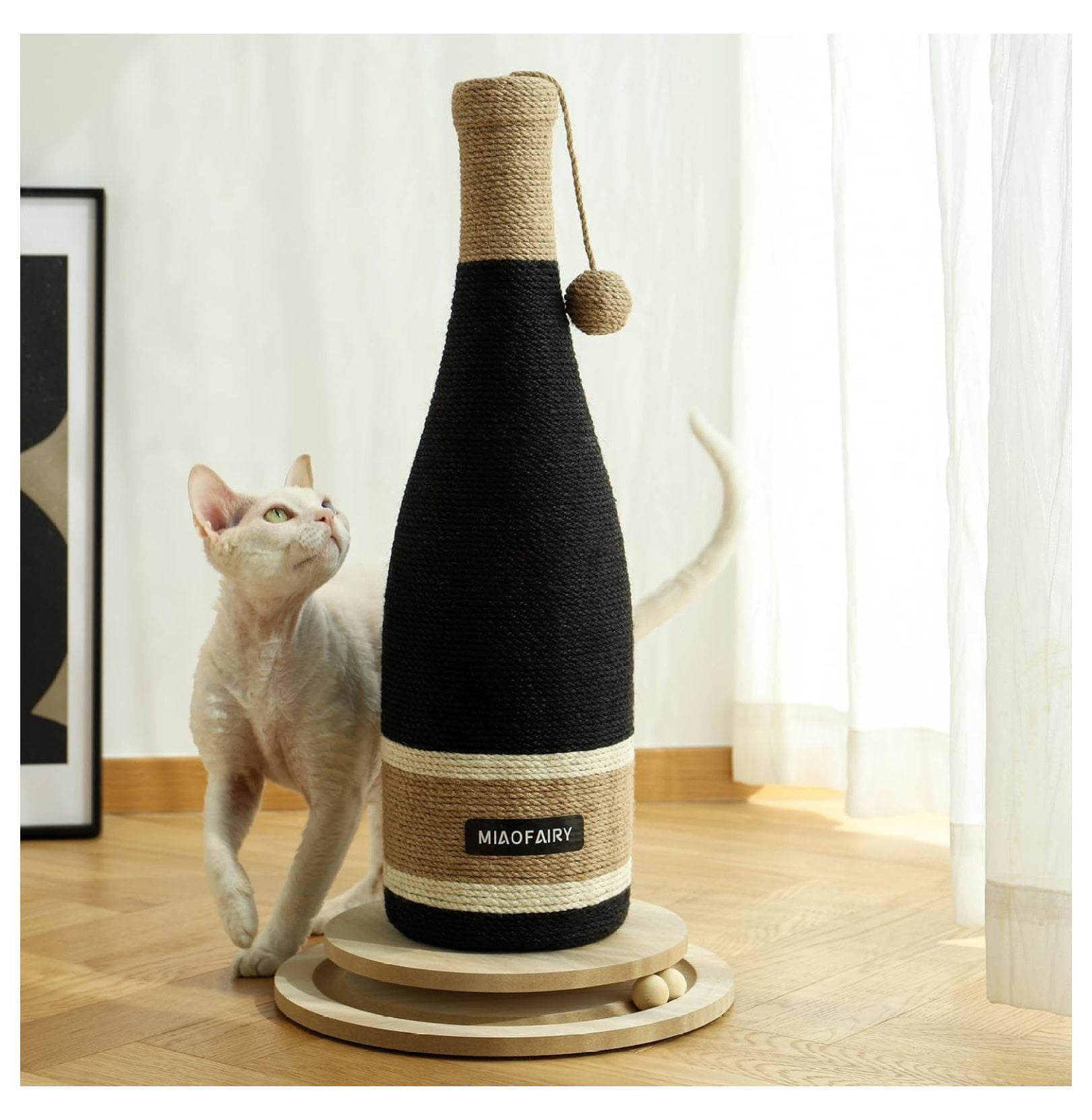 Cat Scratching Post, Premium Cat Scratching Board, Sisal Fiber Cat Scratcher-24.8 Inches with Hanging Ball, Red Wine Bottle Simple Design-Suitable Indoor Small and Medium Cats (24.8 in, Wooden Base)