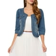 thumbnail image 1 of Allegra K Chaqueta de mezclilla sin cuello para mujer Chaquetas de mezclilla de manga 3/4 Azul XS, 1 of 6