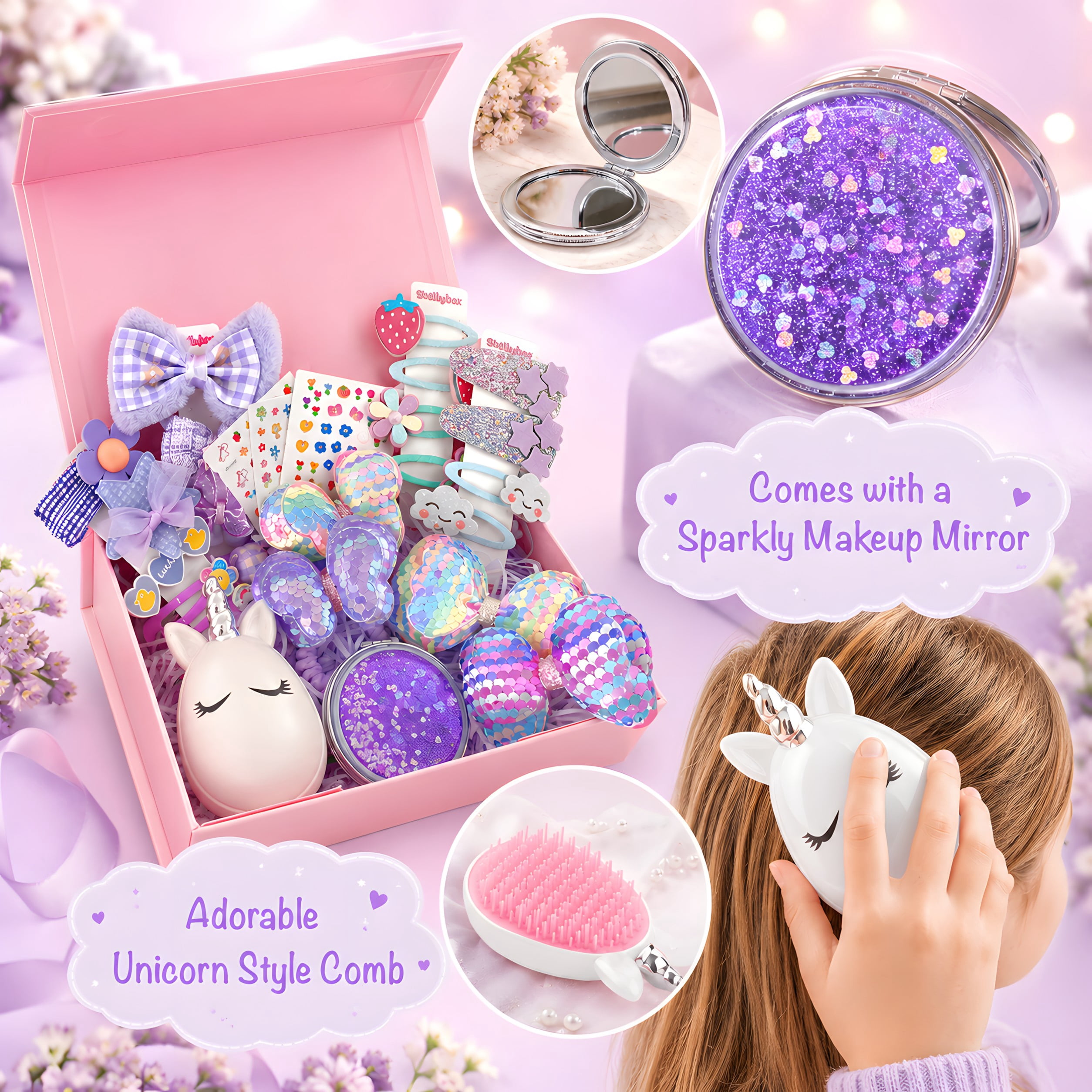 Shelbybox Hair Accessories for Girls Gift Set, 25 Pieces Purple Hair Clips, Barrettes, Ponytail Ties, Bows, Mirror & Unicorn Comb, Toddler Hair Set