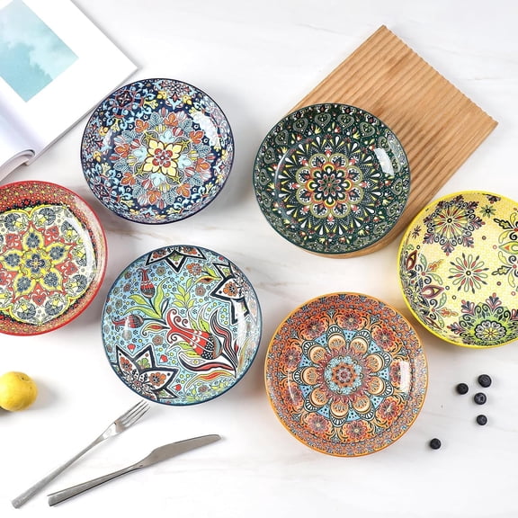 Pasta Bowls Set of 6, Large Wide & Shallow Serving Bowl, Colorful Ceramic Salad Bowls for Everyday Dining, Microwave and Dishwasher Safe, Bohemian Style