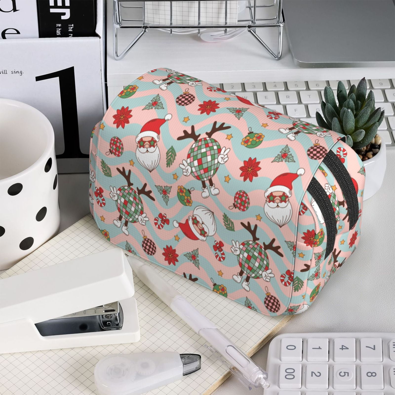 Rateoe Groovy Retro Santa Pattern Double Clamshell Pen Case, Storage Organizer with Two Zipper Compartments– Holds Up to 50 Pencils & Pens