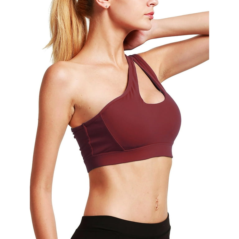 Single Shoulder Sport Bras for Women Asymmetrical Shoulder Wirefree Padded  Sports Bras Medium Support Yoga Bra Removable Cups 