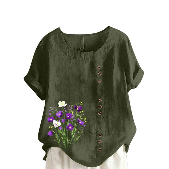 Womens Linen Shirts Cute Summer Tops Casual Linen Round-Neck Top Printed Short Sleeve Button T-shirt Blouse L