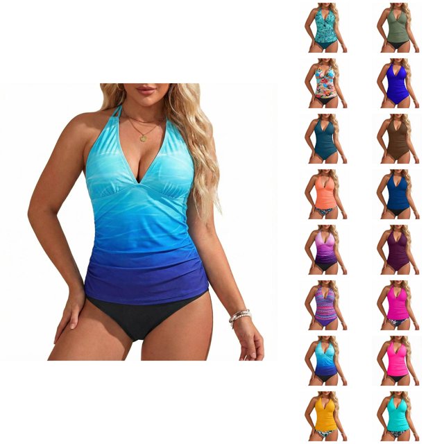 Womens Tankini Swimsuits Fashion Deep V Neck Slimming Tummy Control with High Waisted Bottom Two Piece Bathing Suits Woman