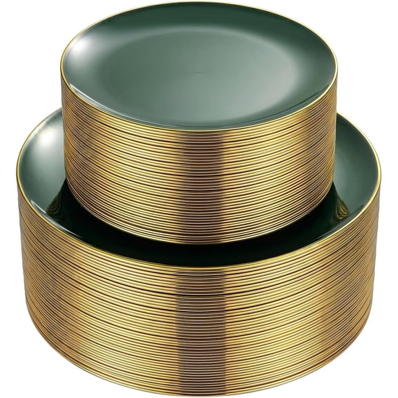 100PCS Green Plastic Plates - Green Disposable Plates With Gold Rim - Include 50 Pieces Dinner 10.25inch,50 Pieces Dessert 7.5inch for Party&Christmas