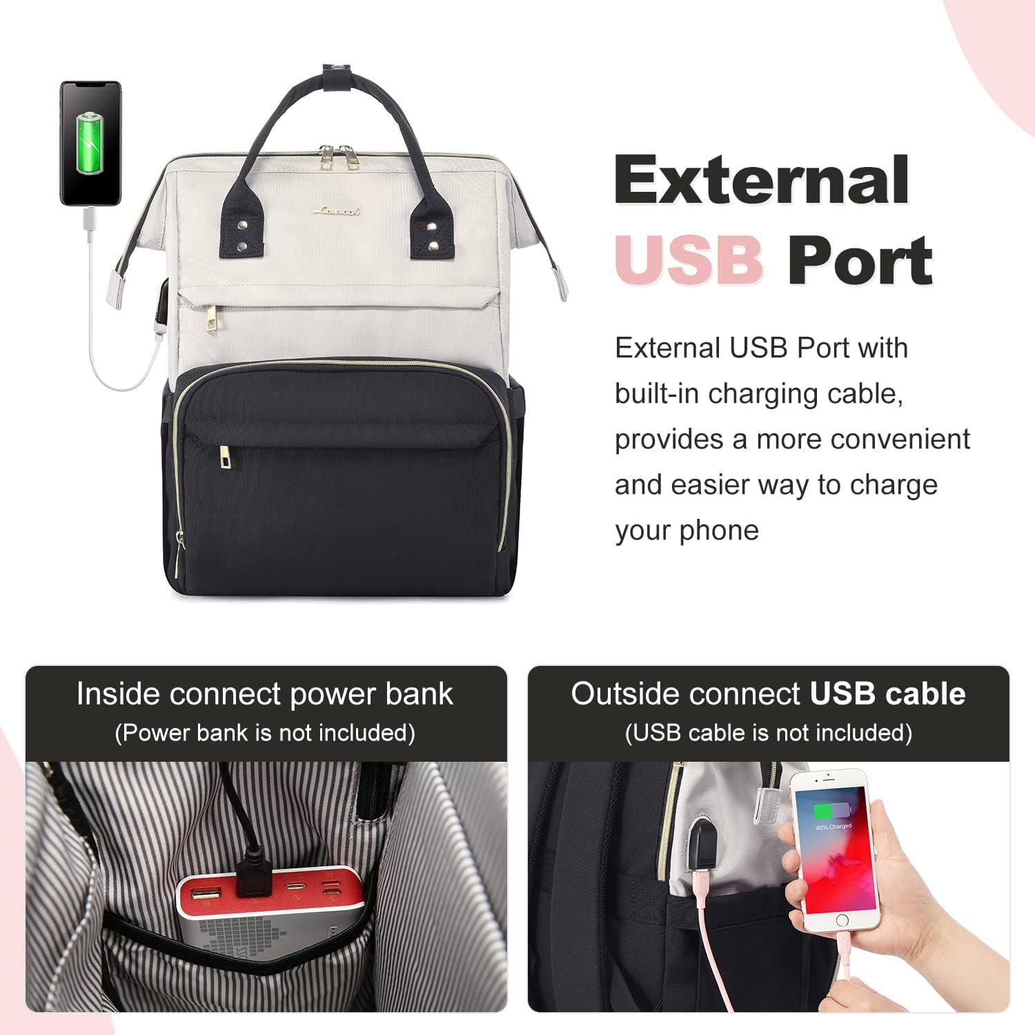 Lovevook Laptop Bag 15.6",Women Work Computer Bag Teacher Nurse Backpack Purse with USB,Waterproof Travel Backpack College Bookbag(Beige-Black)