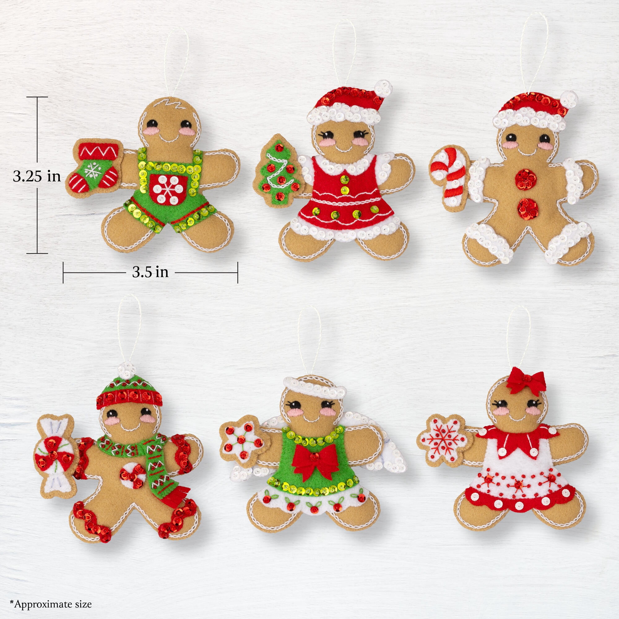 Bucilla Dressed up Gingerbread 6 Count Felt Applique Ornament Kit, 3.5 x 3.25 in