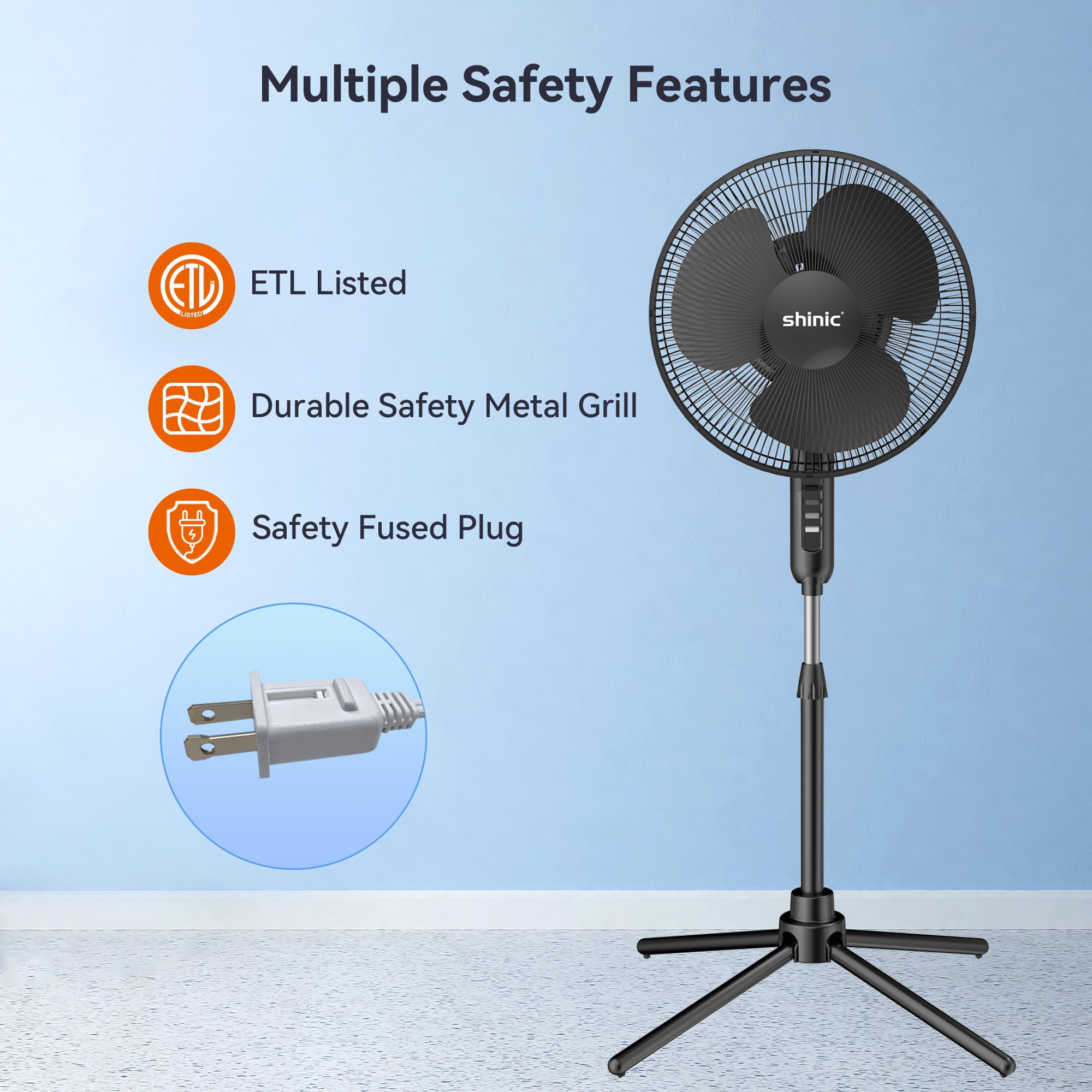 Shinic 16" 3-Speed Oscillating Pedestal Fan with Folding Base, Adjustable Height and Tilt,41"- 47", Black