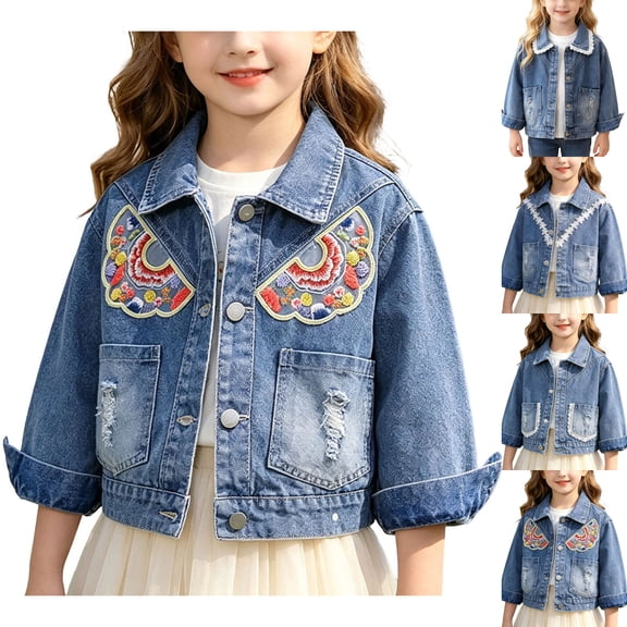 Sentuca Denim Jackets for Girls Size 5Y Button Down Long Sleeve Cute Lace Jean Jackets with Pockets Fashion Solid Color Cute Kids Coats