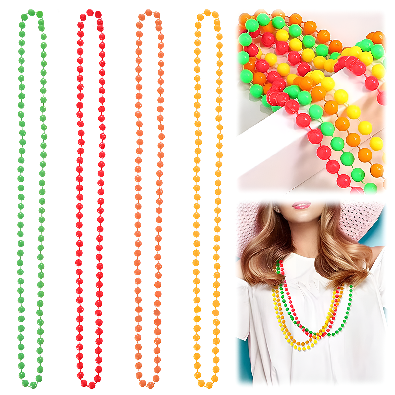 Multicolour Neon Fluorescent Beads, 4 Pack Multicolour Neon Fluorescent, 80s Accessories, Ancy Dress Jewellery, Ideal For Festivals, Raves & UV Parties(Red, Yellow, Green, Orange)
