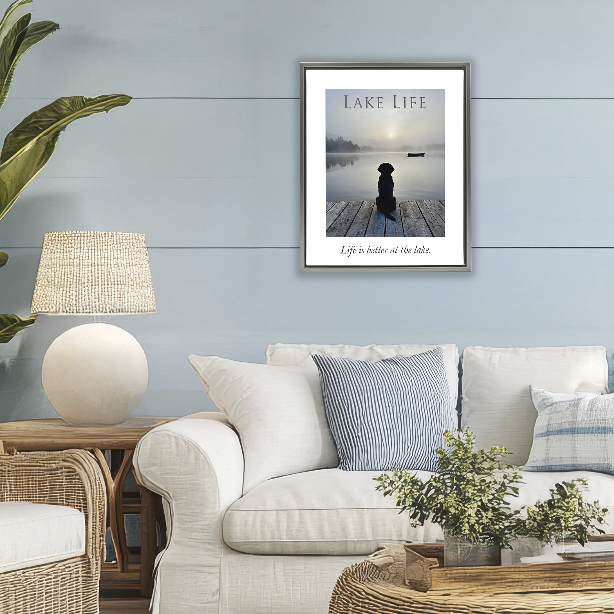 Stupell Industries Lake Life with Dog Gray Framed Floater Canvas Wall Art, design by A Barefoot Stylist