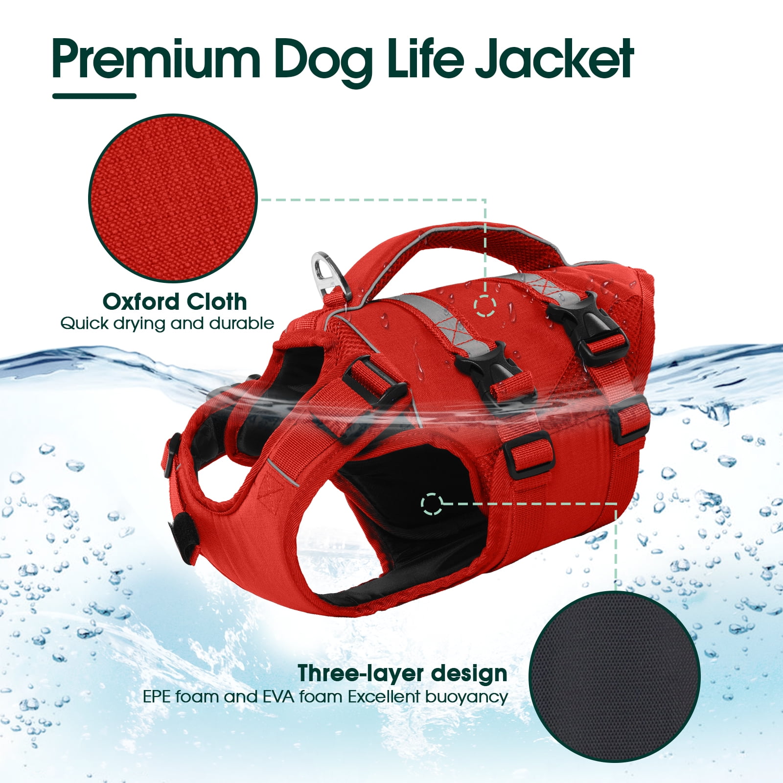 Kuoser Dog Life Jacket, High Flotation Dog Life Vest for Swimming Boating, Red, XS