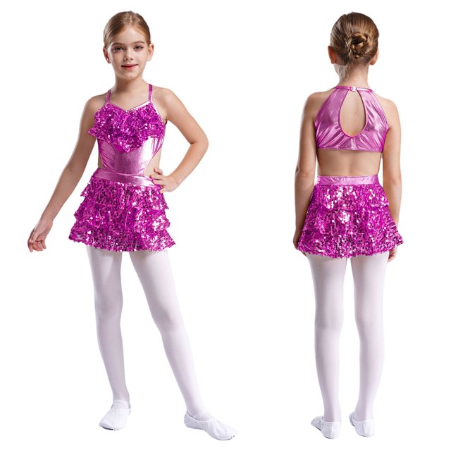 Alvivi Robe de Performance de Danse Latine Jazz Hip Hop Sans Manches à Volants à Paillettes pour Filles Rose Vif 8