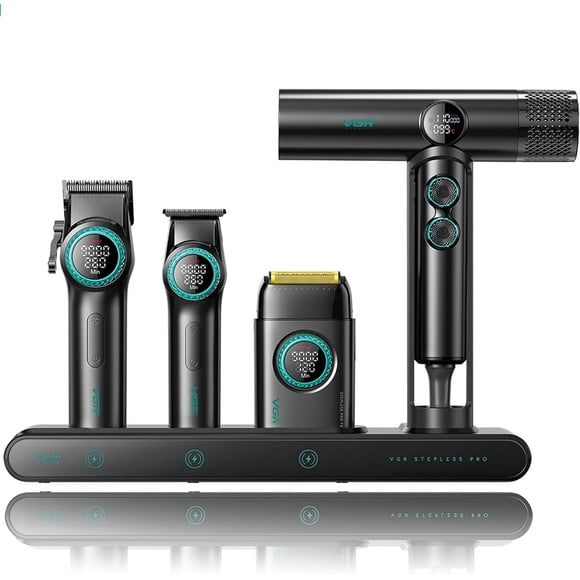 VGR Professional Barber Combo 4-in-1, Cordless Clipper, Trimmer, Foil Shaver & Hair Dryer Kit (Black)