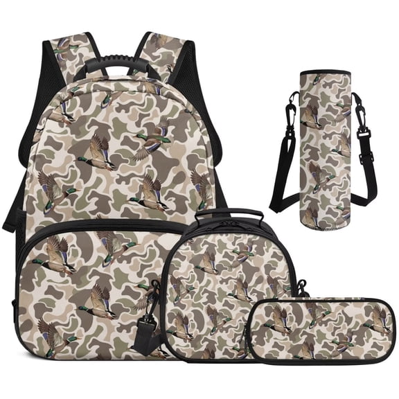 Bulopur Duck Camo Kids Backpack Set 4 Pcs Durable Hunting Book Bag with Lunch Bag, Pencil Case and Water Bottle Cover for Duck Hunting Boys Ages 6-12