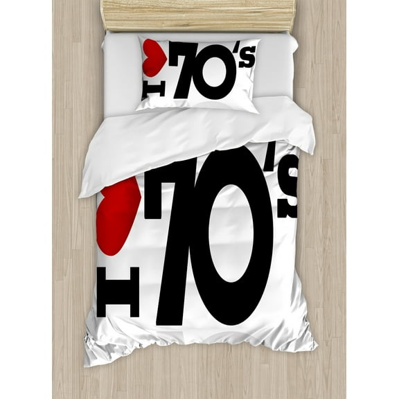 70s Party Duvet Cover Set, Love the Seventies Theme Letters and Heart Sign Oldies but Goldies, Decorative 2 Piece Bedding Set with 1 Pillow Shams, Twin Size, Red Black White, by Ambesonne